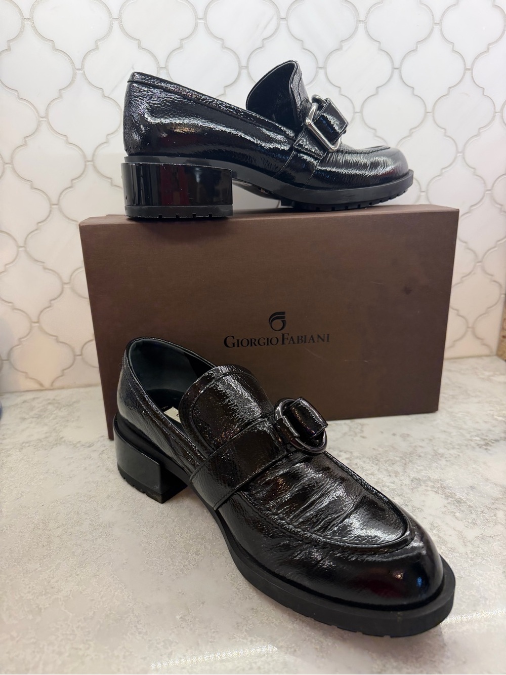 Black Patent Loafers with Buckle